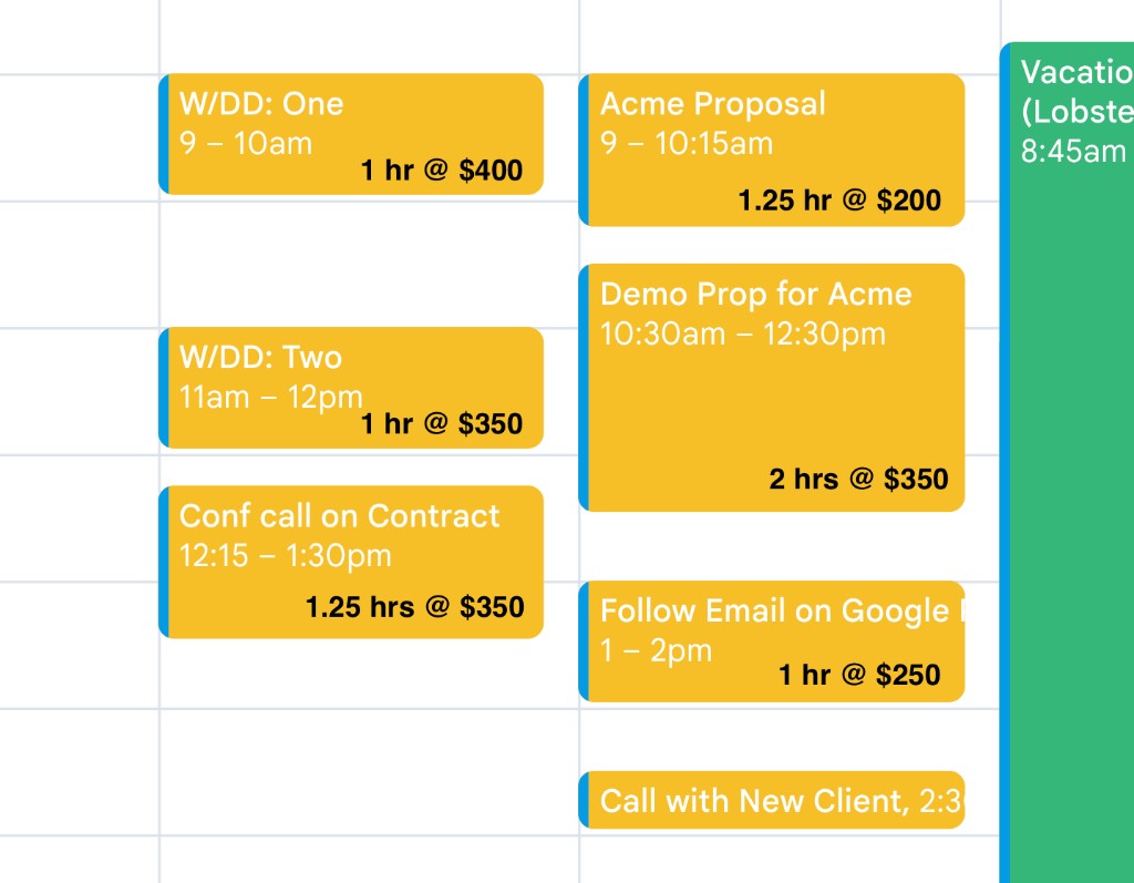 Calendar view with billable events showing time and rates—calendar as source of truth for invoicing
