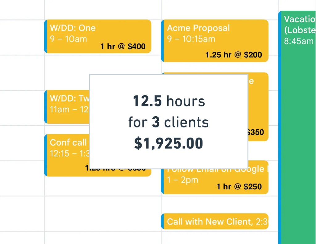 Calendar week with summary overlay: 12.5 hours for 3 clients, $1,925.00